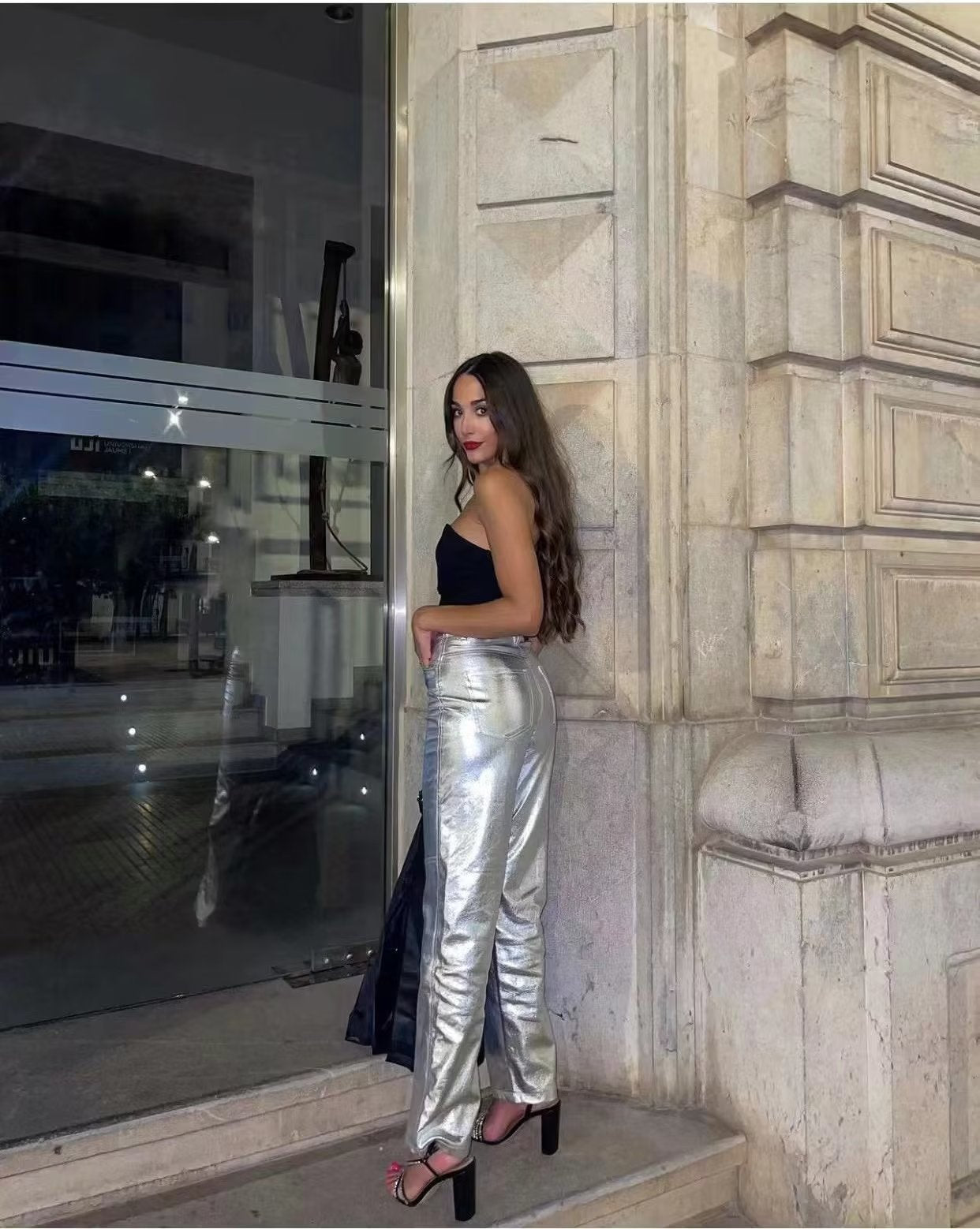 Riera - Pantalones de piel sintética plateados bota recta brillantes de cintura alta para mujer
