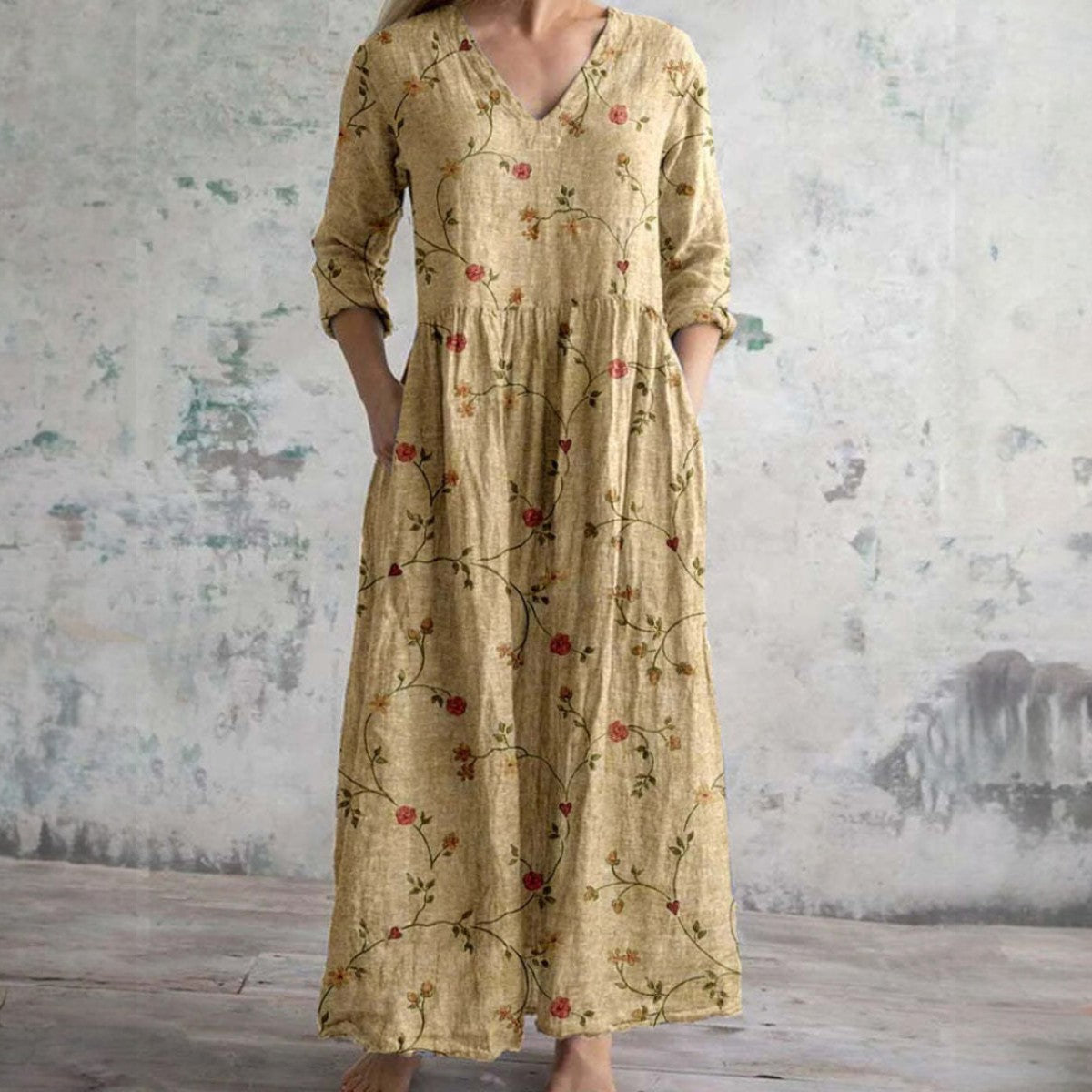 Vestido largo elegante con escote en V y mangas 3/4 para invitada de boda – MIRÉNA