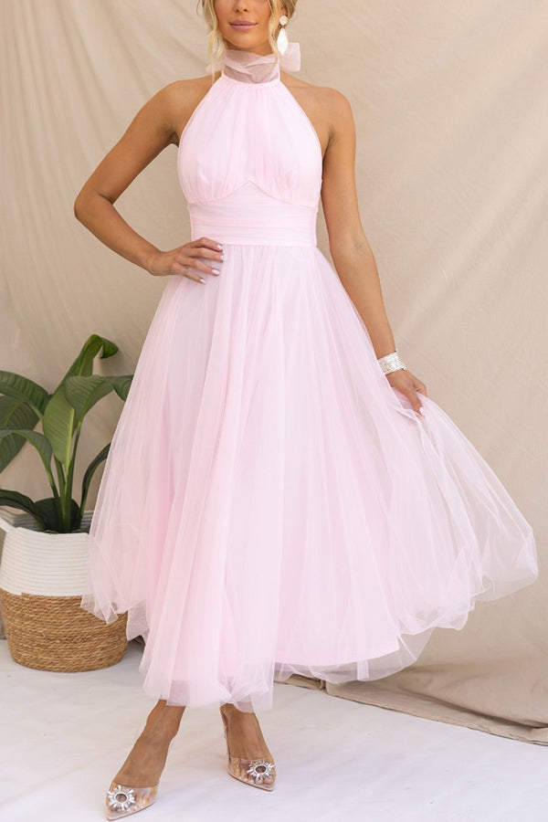 Vestido midi con escote halter y falda voluminosa – Lirenza