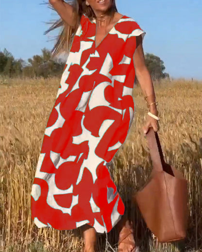 Vestido amplio con estampado gráfico y escote en V para mujer – MAËRYS