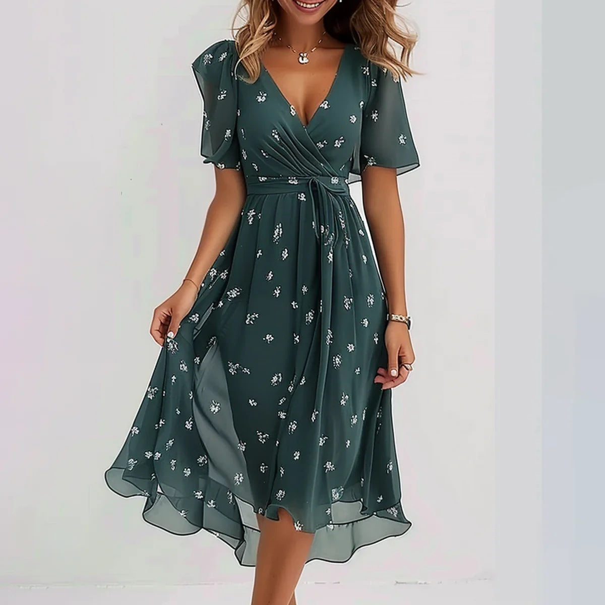 Vestido midi cruzado con estampado fluido para invitada de boda – ELIORA DUNE