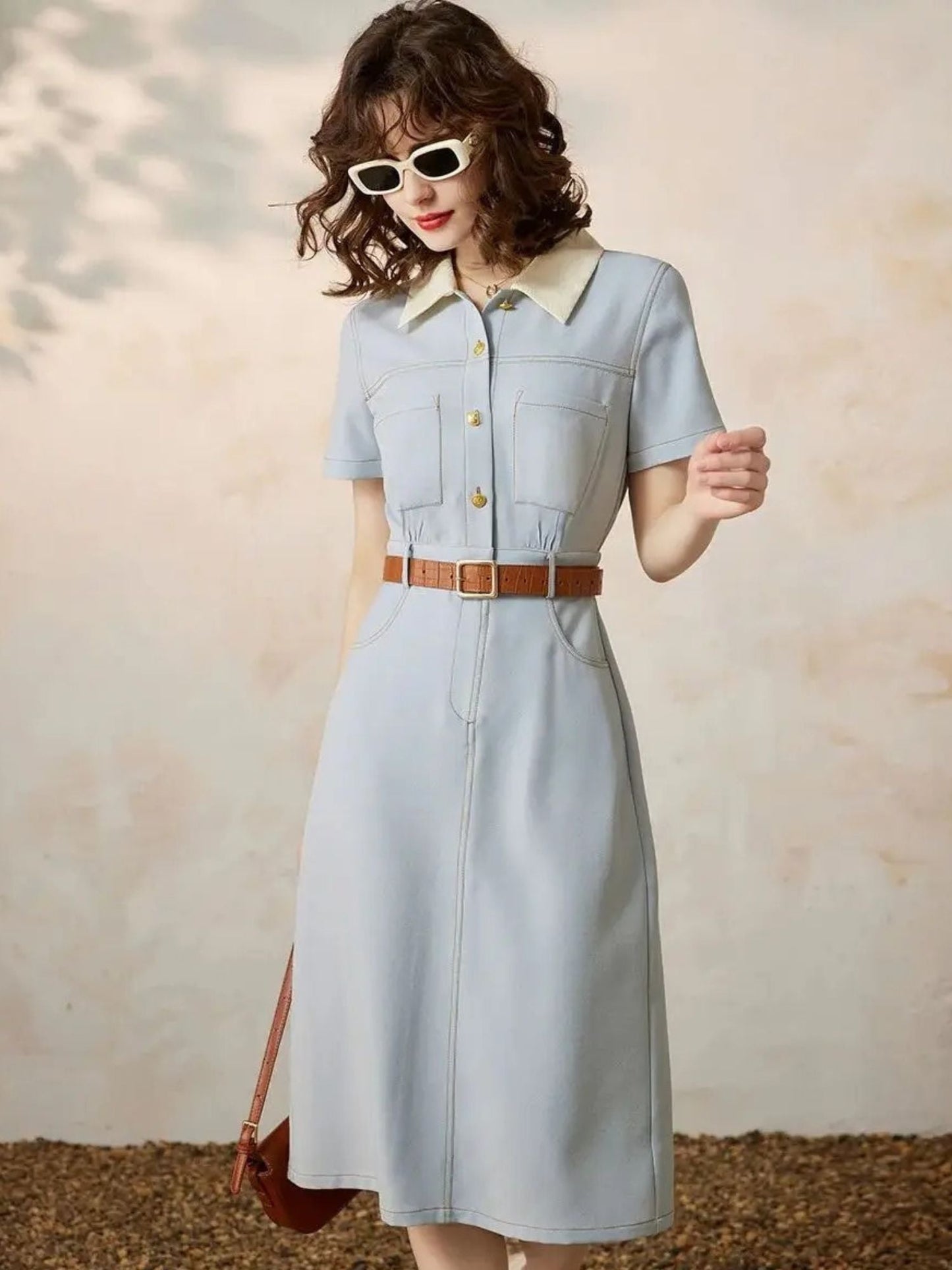 Vestido camisero de mujer con cintura marcada y manga corta – CASILDA