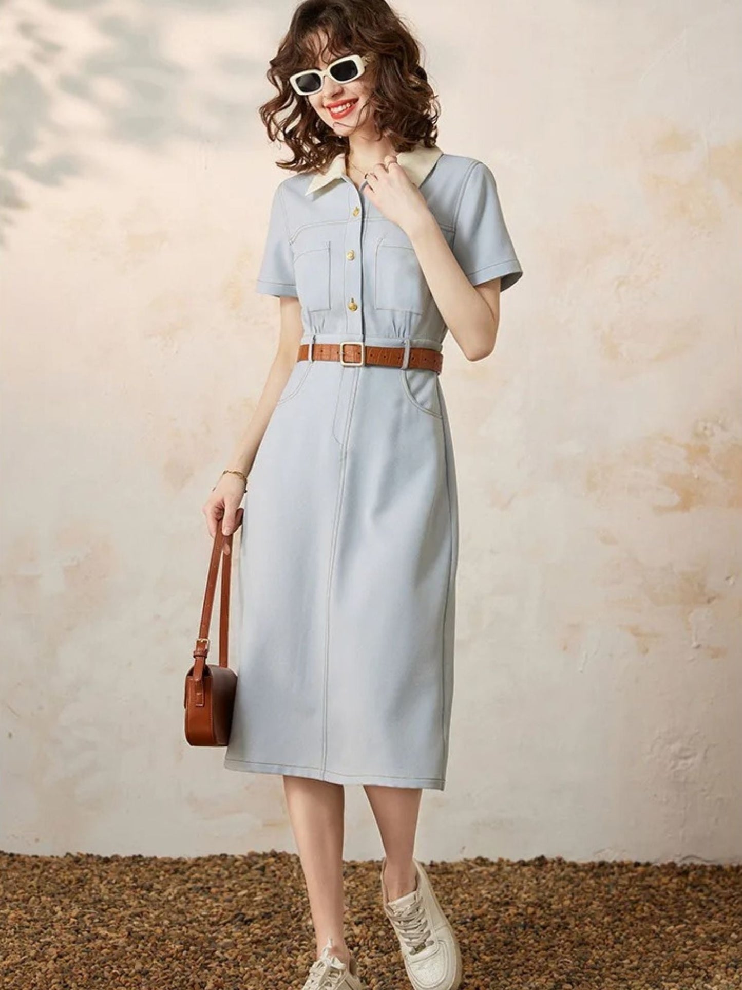 Vestido camisero de mujer con cintura marcada y manga corta – CASILDA