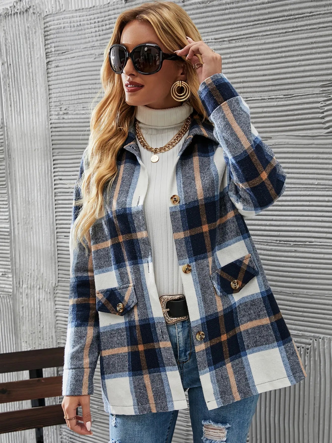 KIANNA - Chaqueta de punto a cuadros elegante y a la moda para mujeres