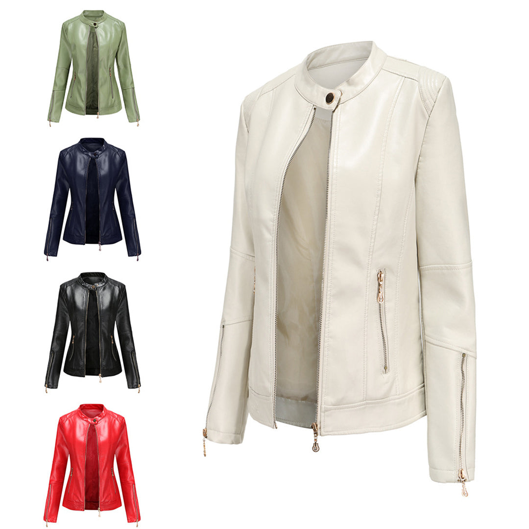 FENNA – Chaqueta de cuero elegante con cuello redondo y cierre de botones para mujer