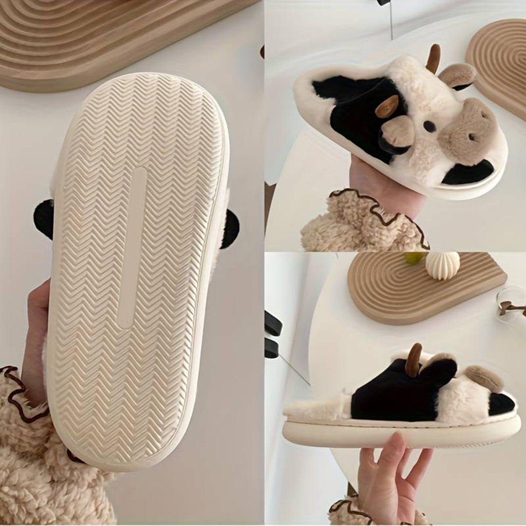 NICOLE - Zapatillas de casa cálidas con diseño de vaca para mujeres