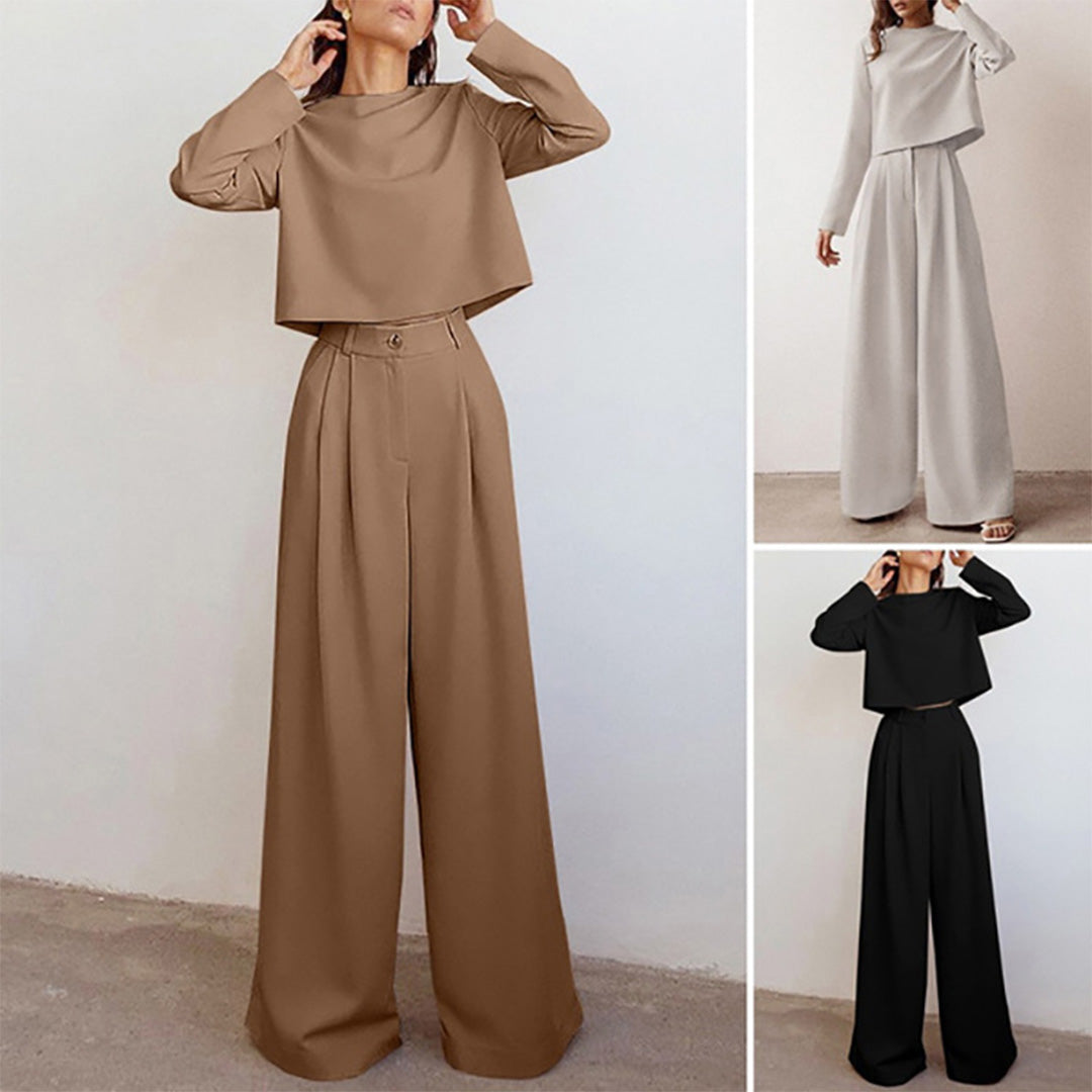 Conjunto elegante de dos piezas con top entallado y pantalón palazzo – CYRENA