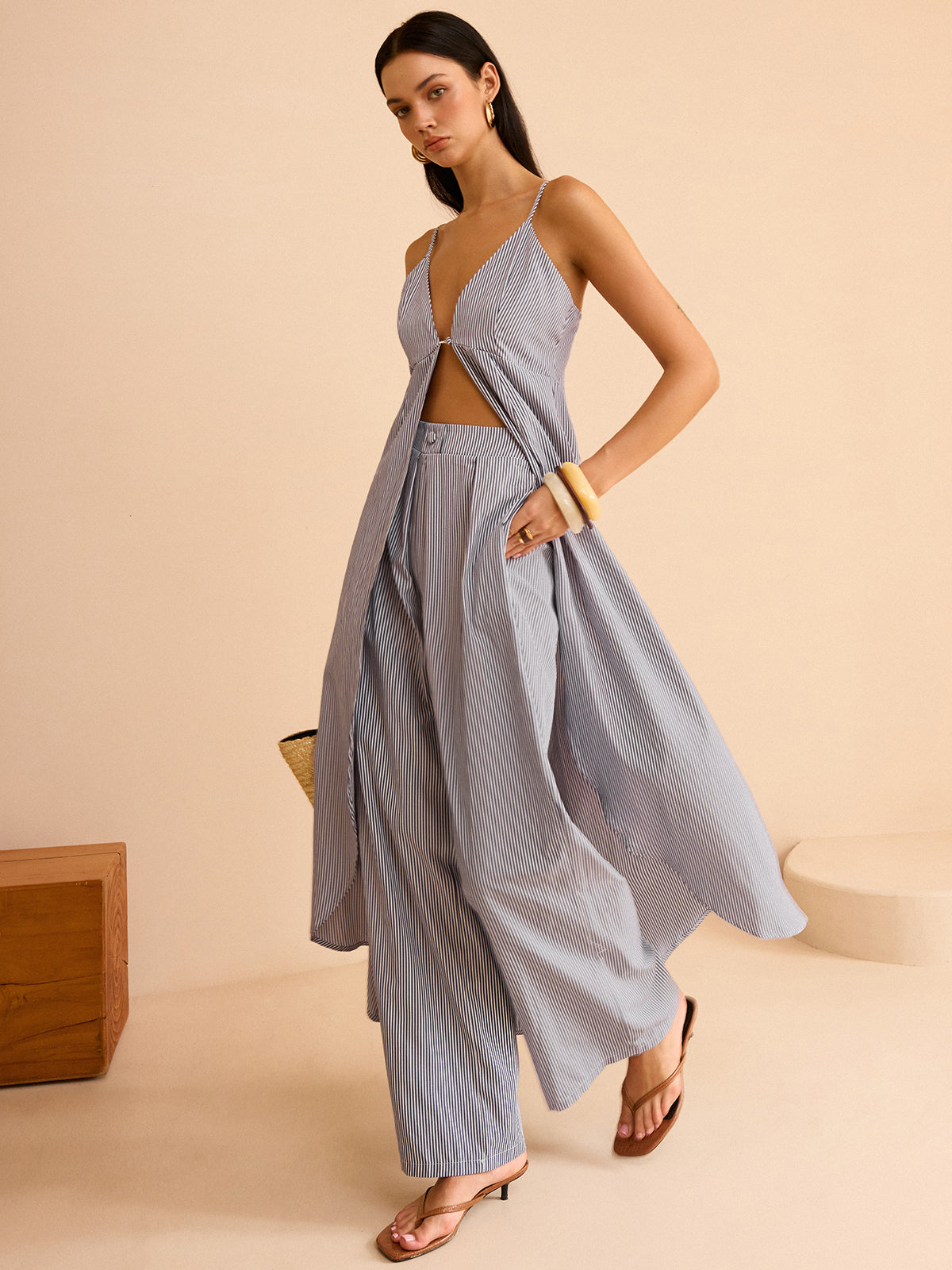 Conjunto de top camisón de rayas y pantalones de pierna ancha – LUMINA