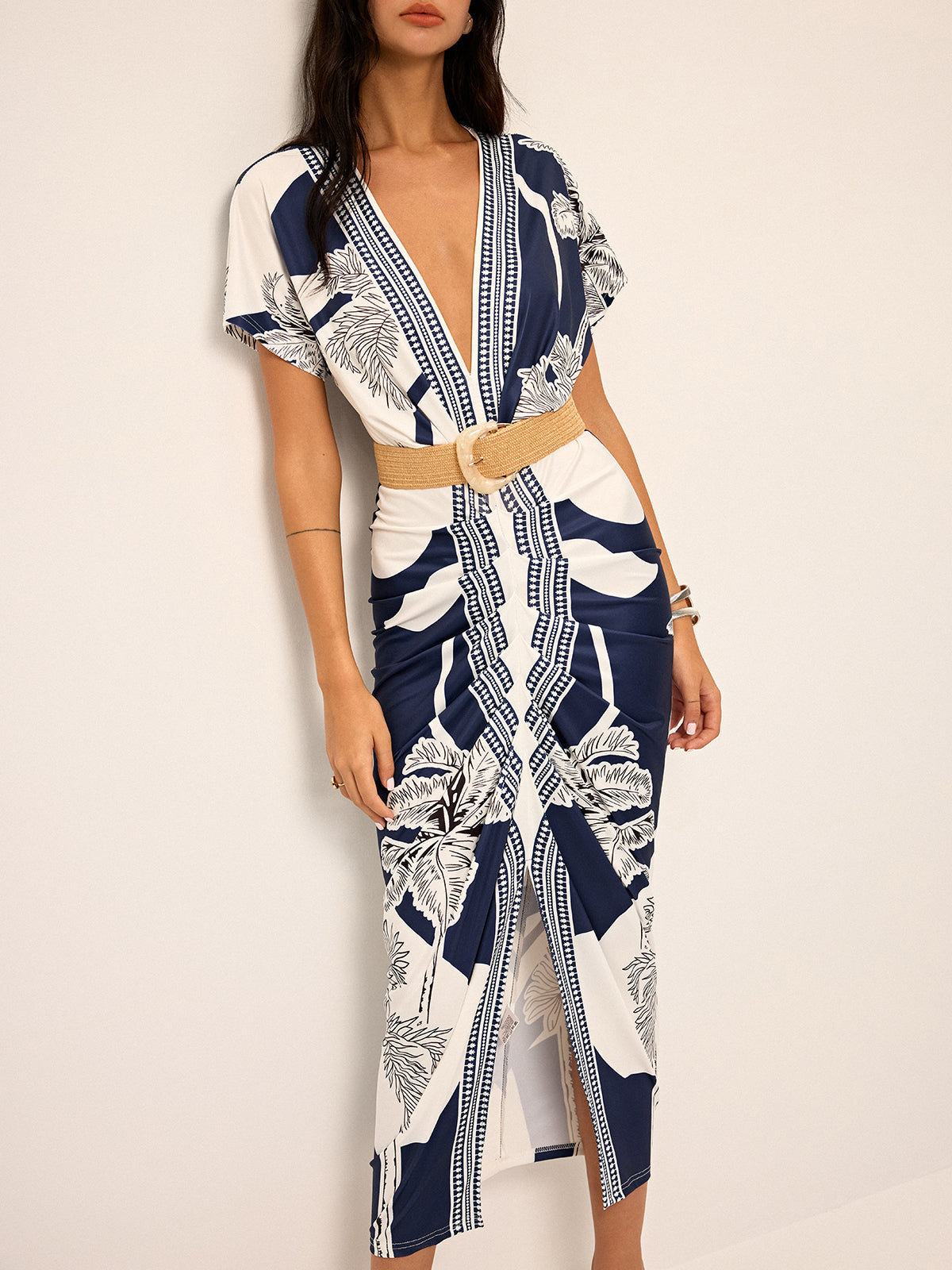 Vestido midi estampado con escote en V sin cinturón – LUMINA