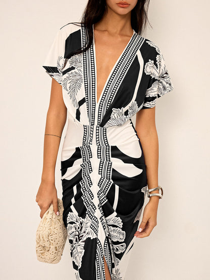 Vestido midi estampado con escote en V sin cinturón – LUMINA
