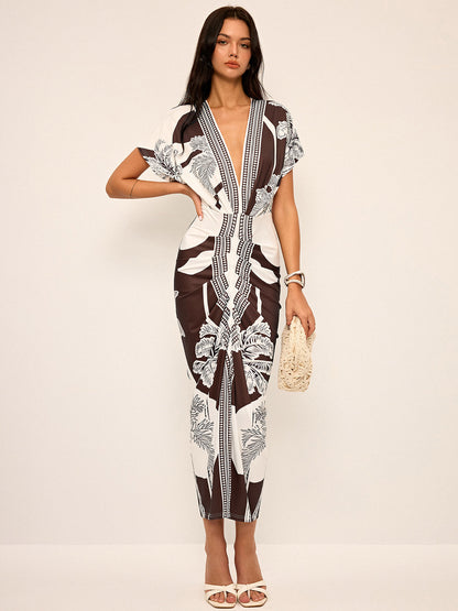 Vestido midi estampado con escote en V sin cinturón – LUMINA