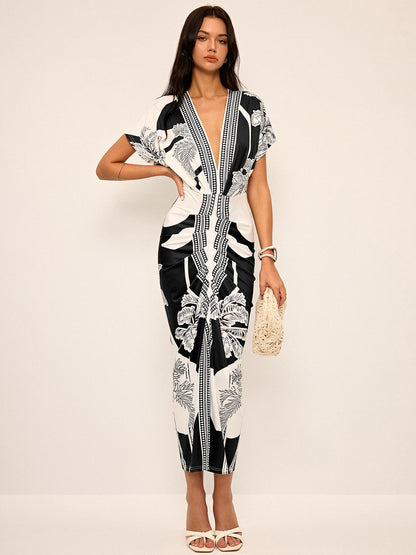 Vestido midi estampado con escote en V sin cinturón – LUMINA