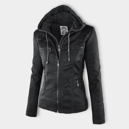 Chaqueta impermeable de imitación cuero para mujer con capucha – LEYRA