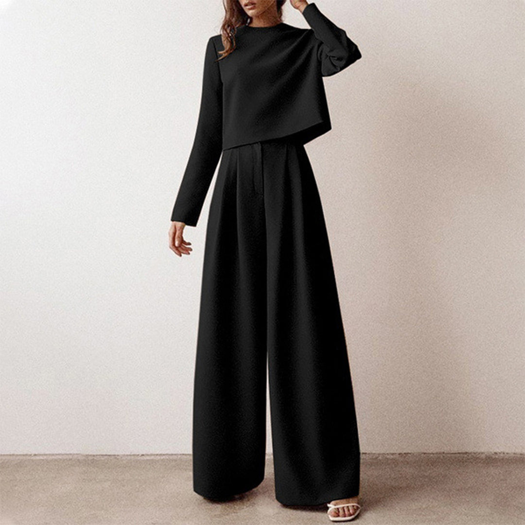 Conjunto elegante de dos piezas con top entallado y pantalón palazzo – CYRENA