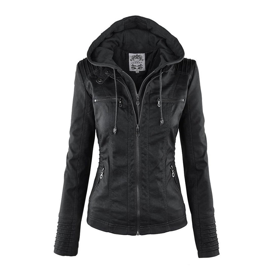 Chaqueta impermeable de imitación cuero para mujer con capucha – LEYRA