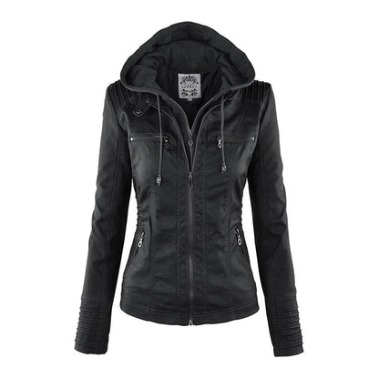 Chaqueta impermeable de imitación cuero para mujer con capucha – LEYRA