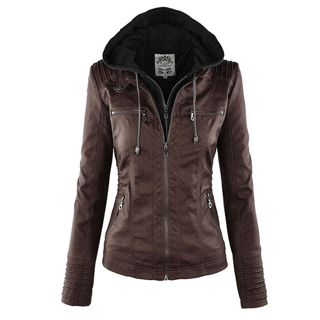 Chaqueta impermeable de imitación cuero para mujer con capucha – LEYRA