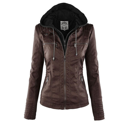 Chaqueta impermeable de imitación cuero para mujer con capucha – LEYRA