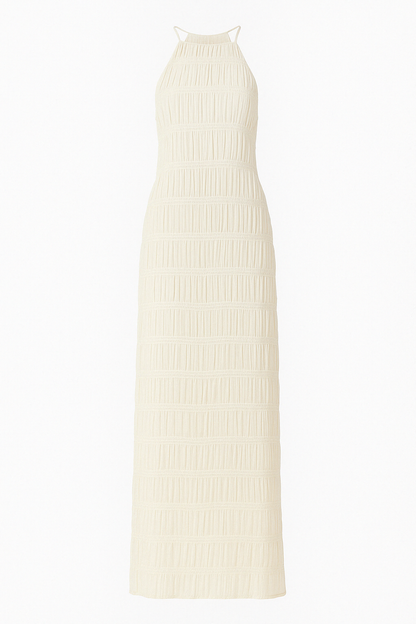Vestido largo de mujer con cuello halter y pliegues – JOAQUINA