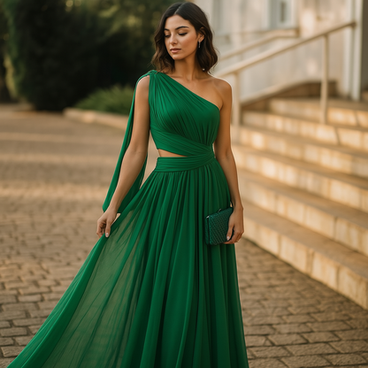 Seraphina – Vestido maxi plisado verde con hombro asimétrico para mujer