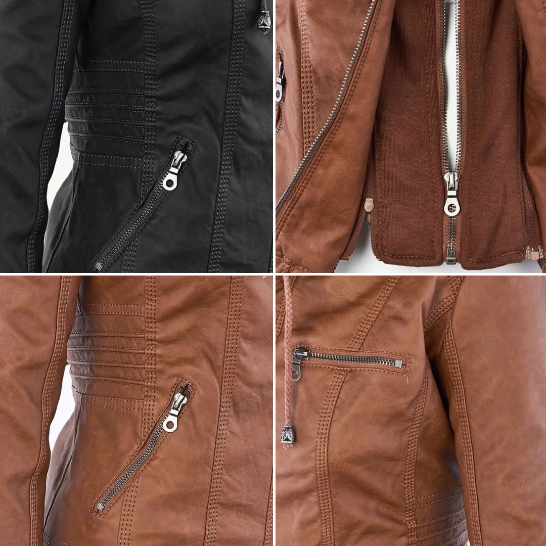 Chaqueta impermeable de imitación cuero para mujer con capucha – LEYRA