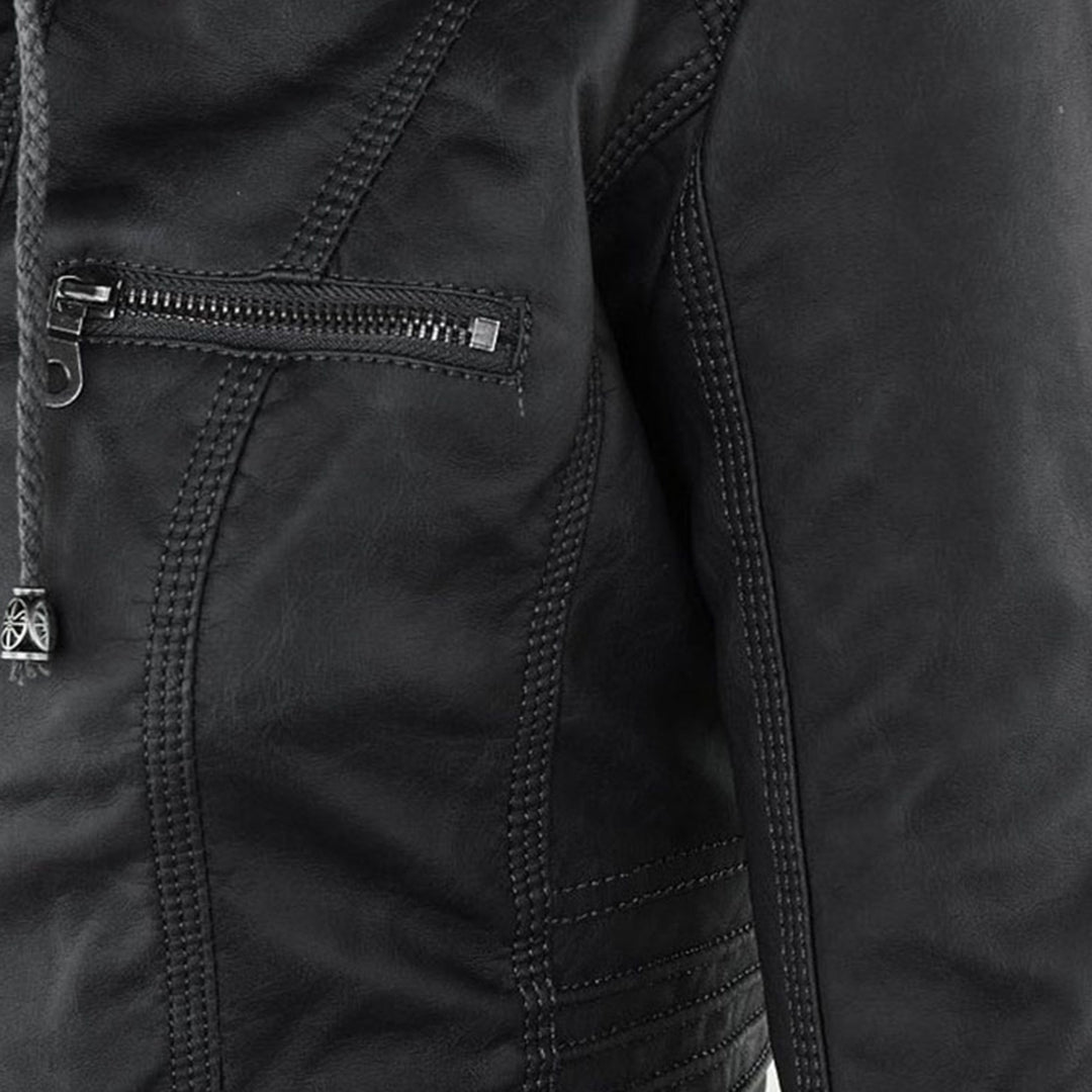 Chaqueta impermeable de imitación cuero para mujer con capucha – LEYRA