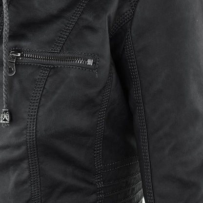 Chaqueta impermeable de imitación cuero para mujer con capucha – LEYRA