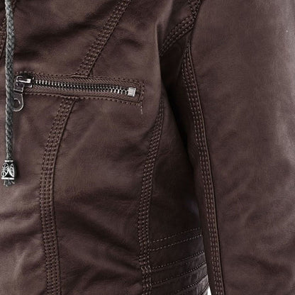 Chaqueta impermeable de imitación cuero para mujer con capucha – LEYRA