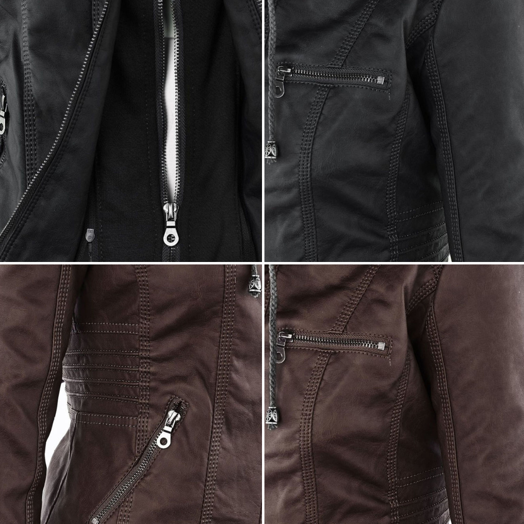 Chaqueta impermeable de imitación cuero para mujer con capucha – LEYRA