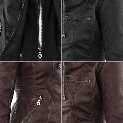 Chaqueta impermeable de imitación cuero para mujer con capucha – LEYRA