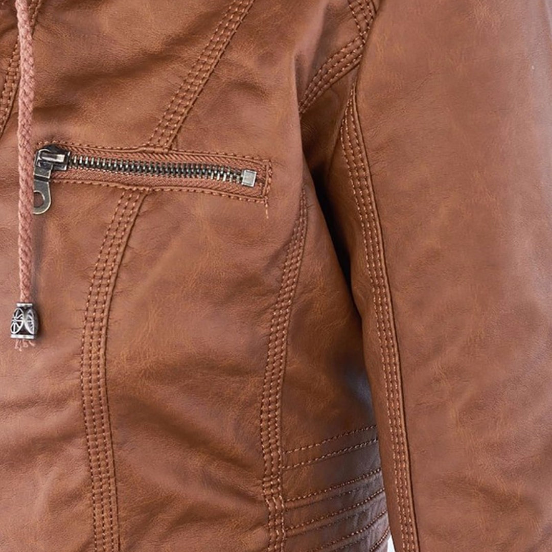Chaqueta impermeable de imitación cuero para mujer con capucha – LEYRA
