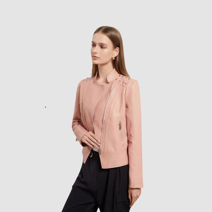 DOUTZEN - Chaqueta de cuero slim con estilo para mujeres