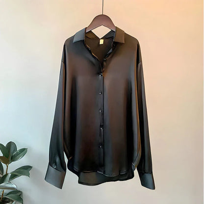 ADDIANE – Blusa de seda sintética para mujer con manga larga y acabado elegante