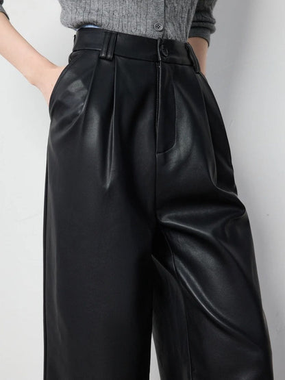 Pantalón de mujer de talle alto con pierna ancha y pliegue marcado – ANTIA