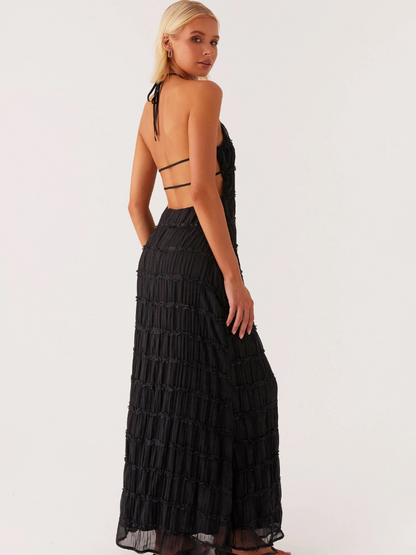 Vestido largo de mujer con cuello halter y pliegues – JOAQUINA