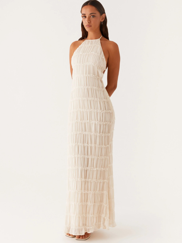 Vestido largo de mujer con cuello halter y pliegues – JOAQUINA