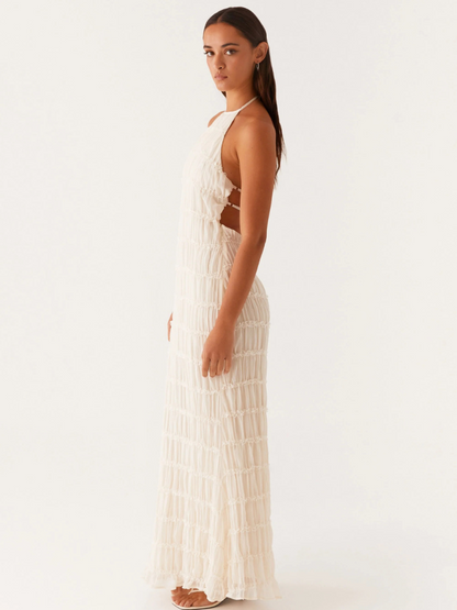 Vestido largo de mujer con cuello halter y pliegues – JOAQUINA