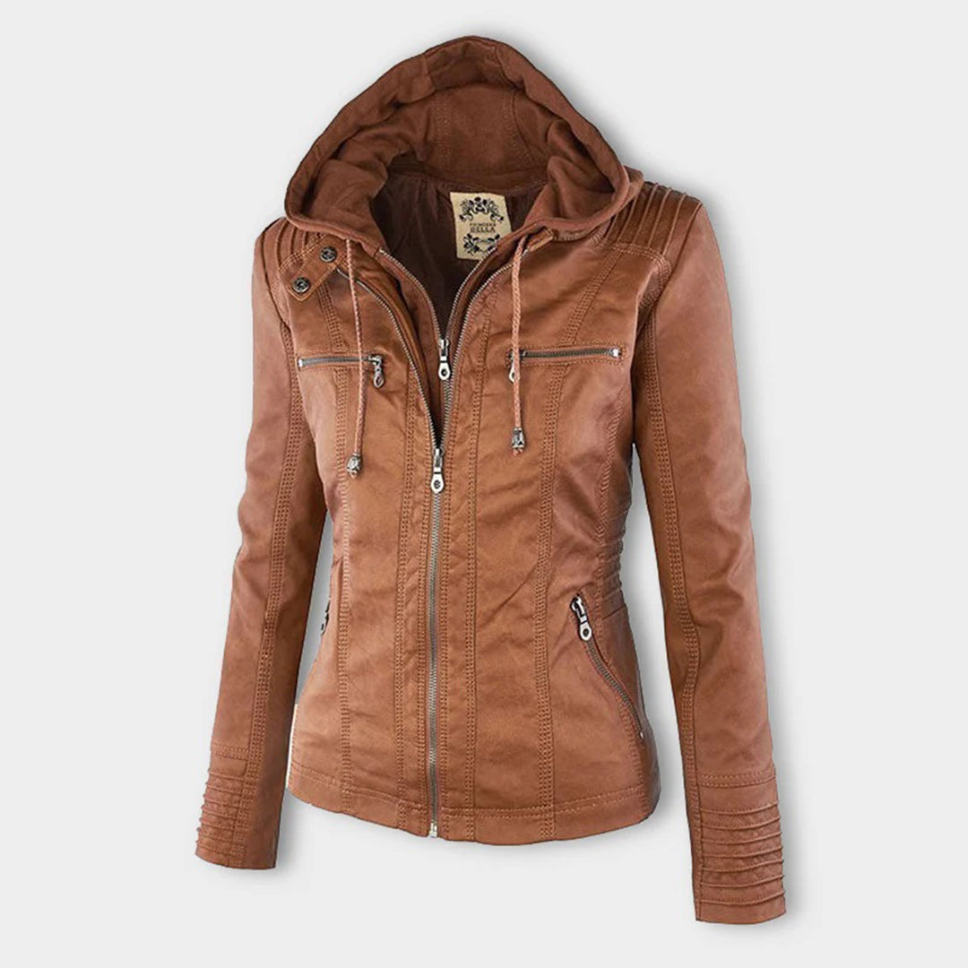 LEIGH – Chaqueta de cuero impermeable para mujer con capucha
