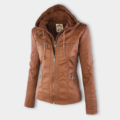 LEIGH – Chaqueta de cuero impermeable para mujer con capucha