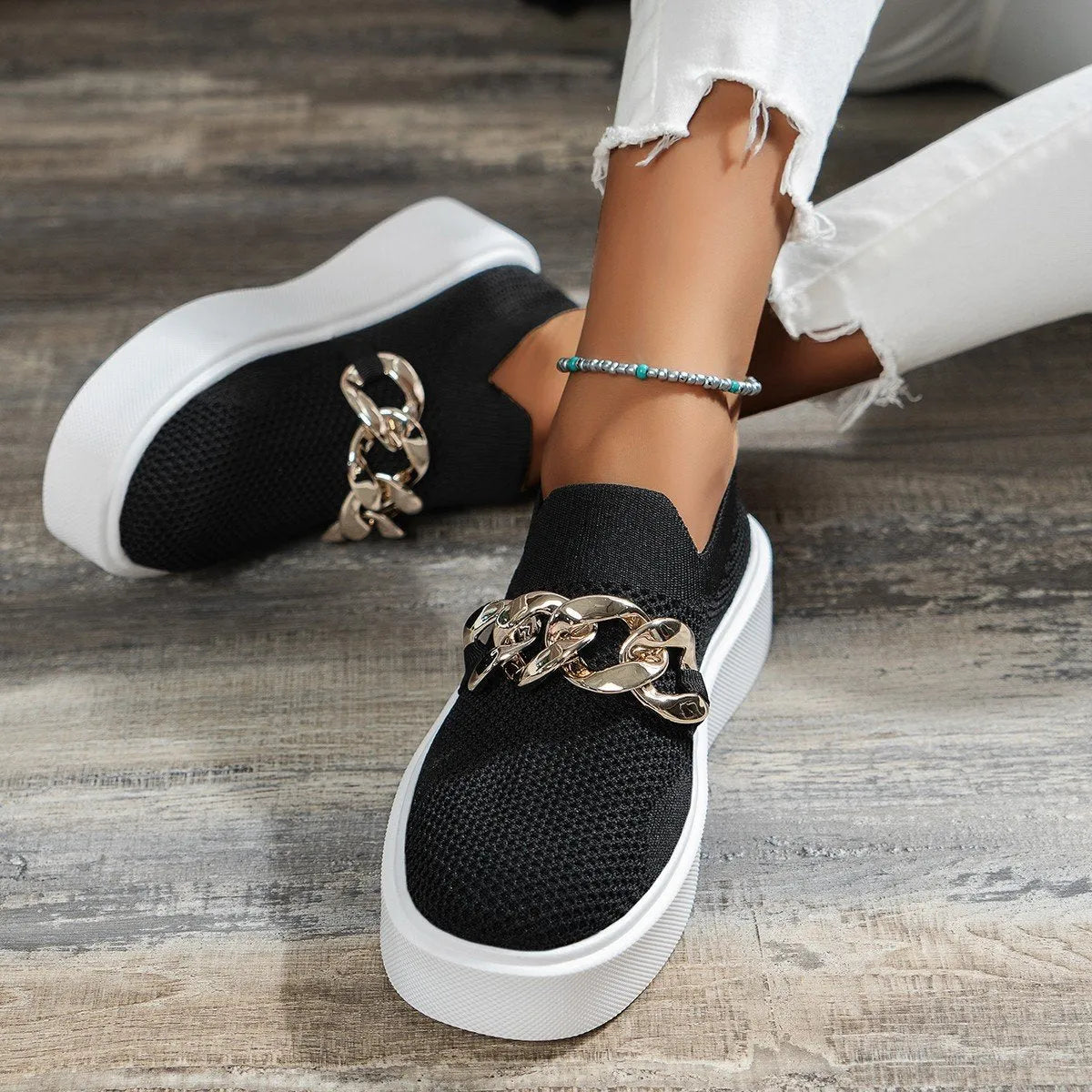Zapatillas slip-on de mujer con cadena decorativa y suela gruesa – RAPHAËLLE
