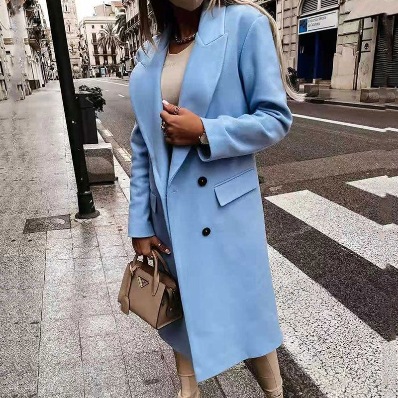 INES - Abrigo largo básico con solapa y doble botonadura para mujer