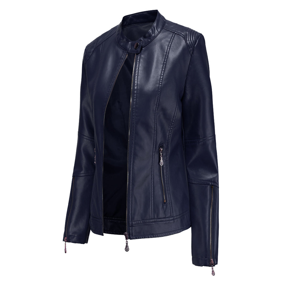 FENNA – Chaqueta de cuero elegante con cuello redondo y cierre de botones para mujer