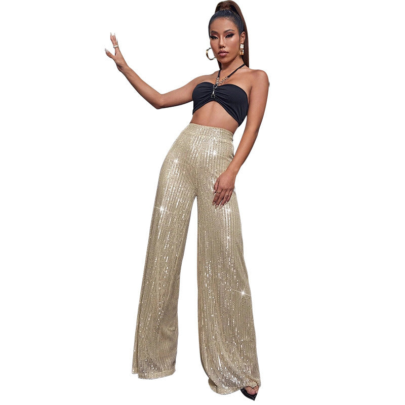 Pantalón de lentejuelas con talle alto y pierna ancha – DAHLIA