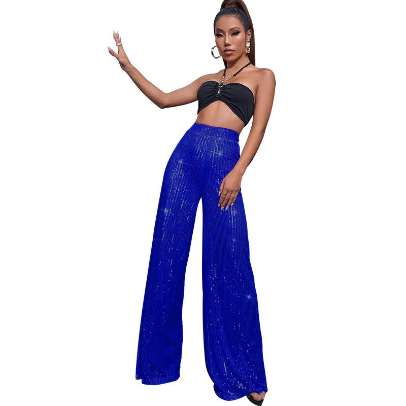 Pantalón de lentejuelas con talle alto y pierna ancha – DAHLIA
