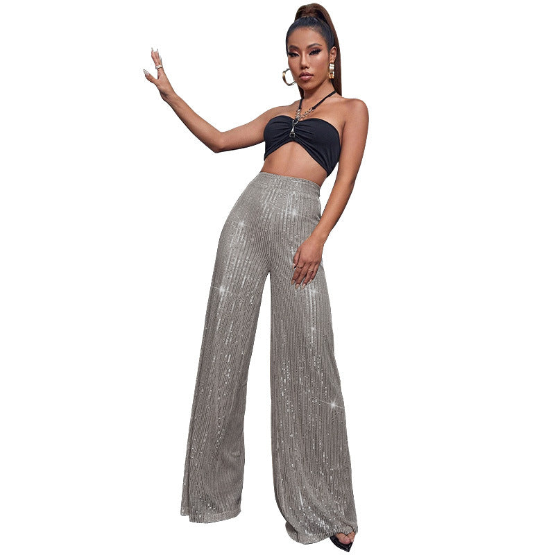 Pantalón de lentejuelas con talle alto y pierna ancha – DAHLIA