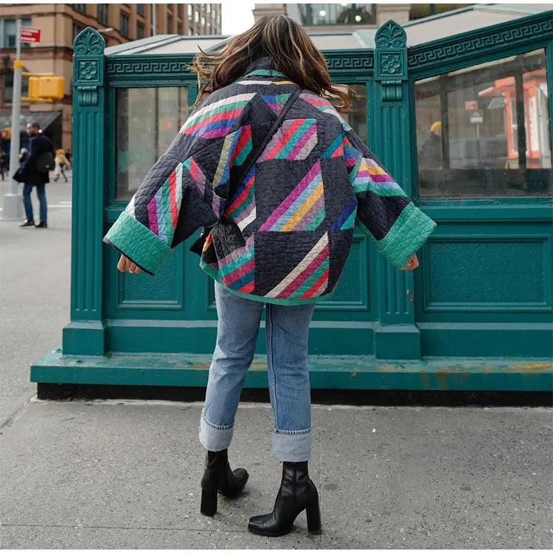 ISLA - Chaqueta artística de patchwork con mangas anchas para mujer