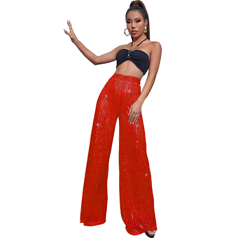 Pantalón de lentejuelas con talle alto y pierna ancha – DAHLIA