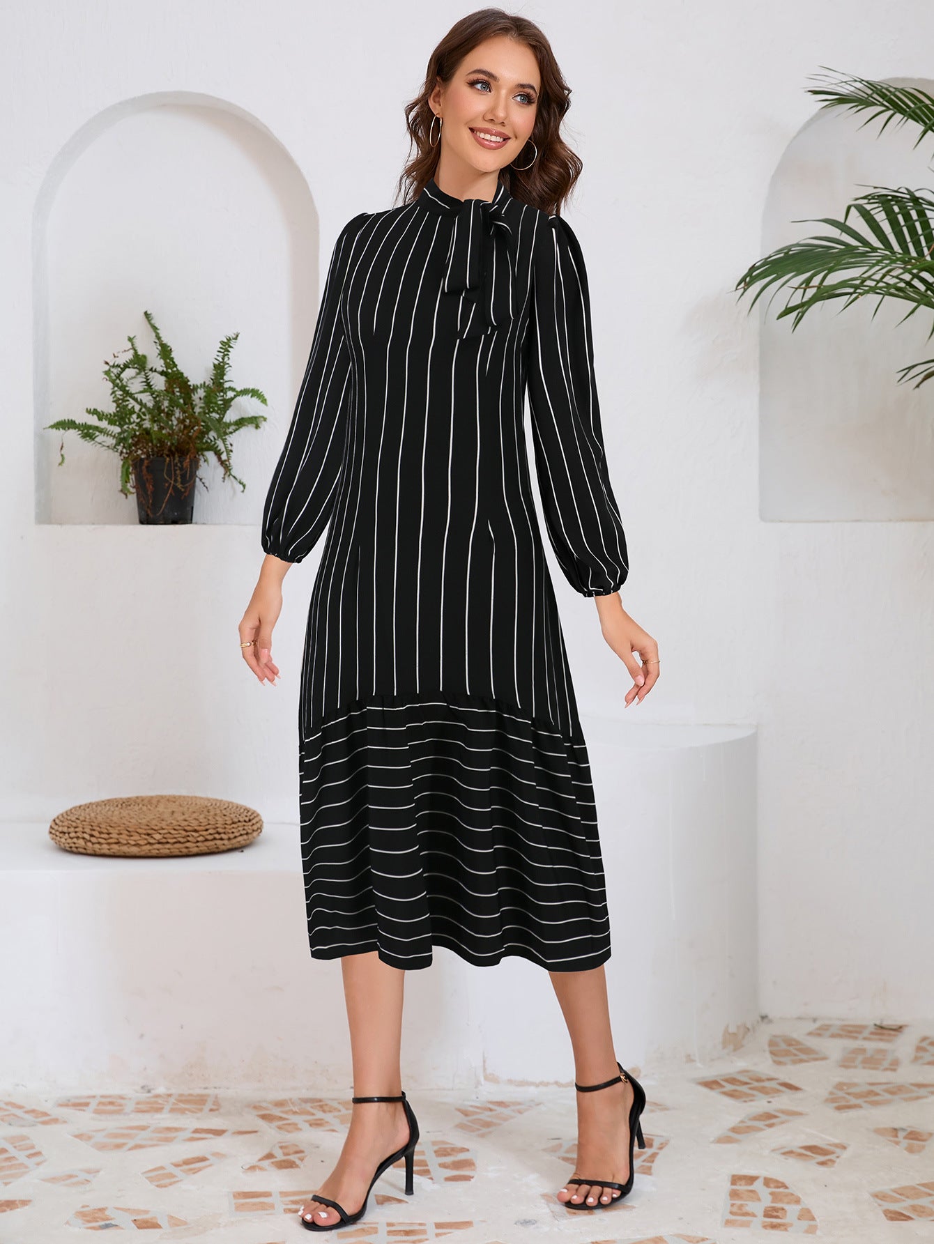 Vestido midi con lazo decorativo y mangas largas – ALAZNE