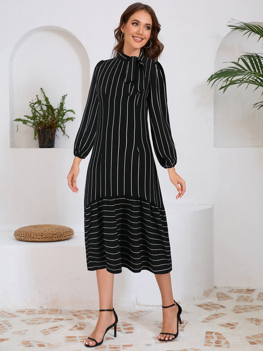 Vestido midi con lazo decorativo y mangas largas – ALAZNE