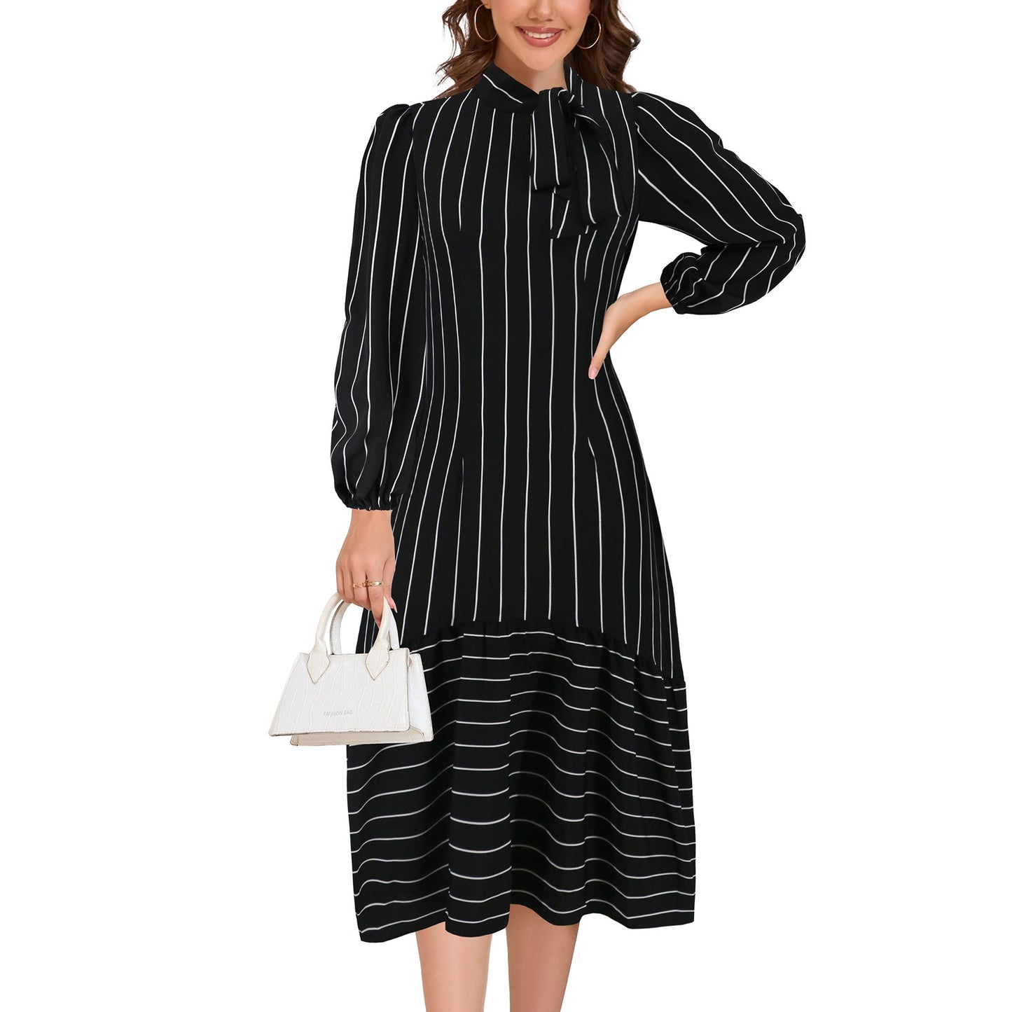 Vestido midi con lazo decorativo y mangas largas – ALAZNE